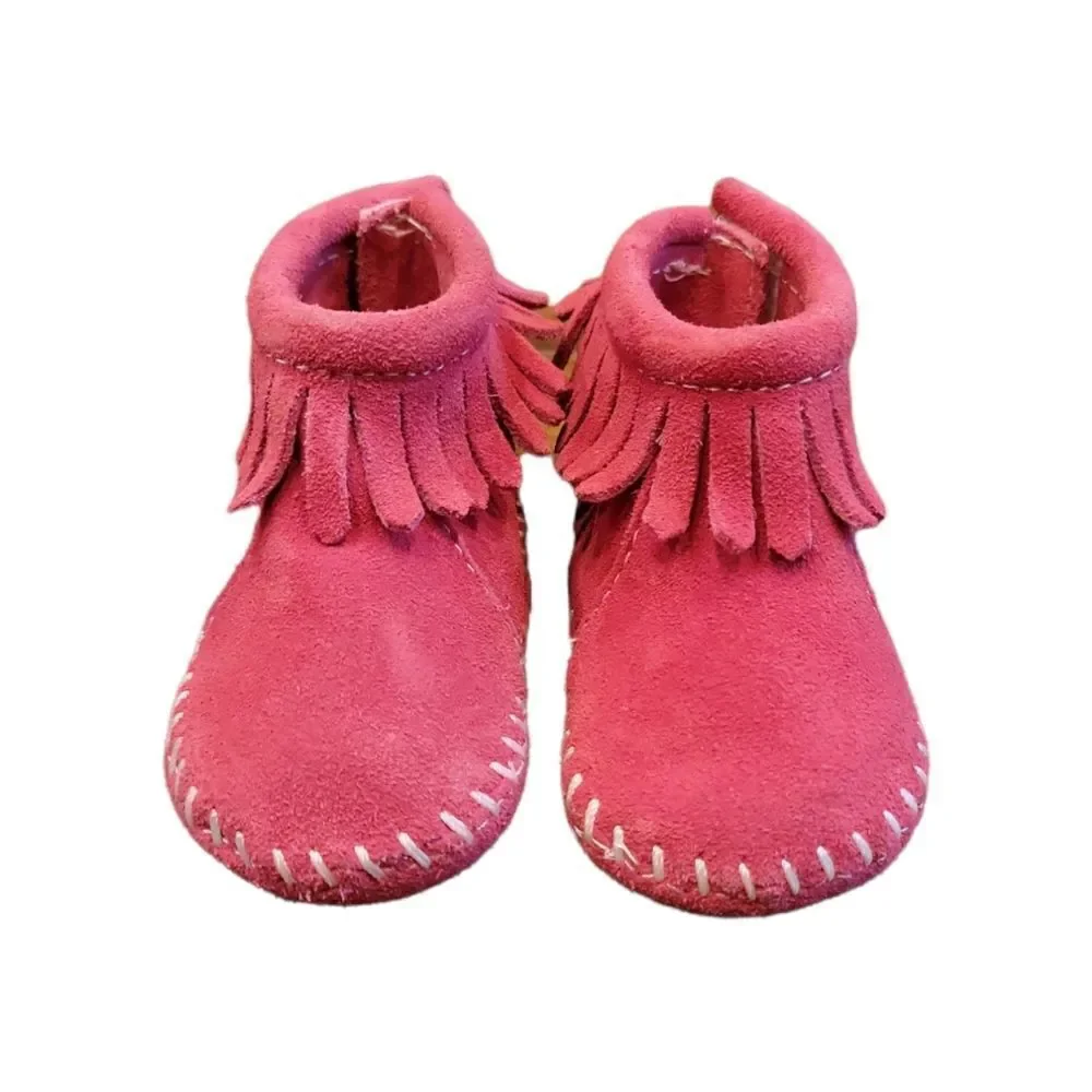Minnetonka Fringe Moccasins Back Flap Bootie Hot Pink 1